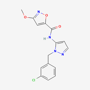 molecular formula C15H13ClN4O3 B7649807 N-[2-[(3-chlorophenyl)methyl]pyrazol-3-yl]-3-methoxy-1,2-oxazole-5-carboxamide 