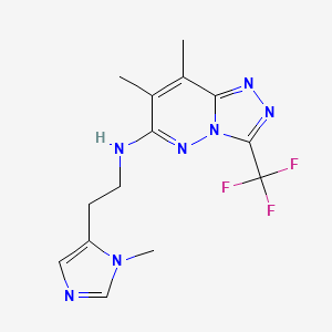 molecular formula C14H16F3N7 B7650027 7,8-dimethyl-N-[2-(3-methylimidazol-4-yl)ethyl]-3-(trifluoromethyl)-[1,2,4]triazolo[4,3-b]pyridazin-6-amine 