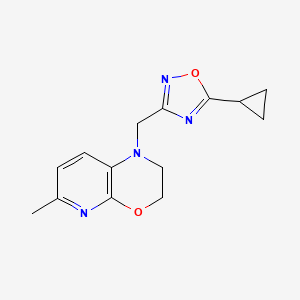 molecular formula C14H16N4O2 B7650115 1-[(5-Cyclopropyl-1,2,4-oxadiazol-3-yl)methyl]-6-methyl-2,3-dihydropyrido[2,3-b][1,4]oxazine 