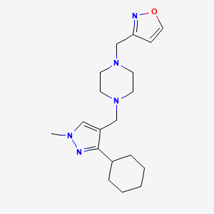 molecular formula C19H29N5O B7650125 3-[[4-[(3-Cyclohexyl-1-methylpyrazol-4-yl)methyl]piperazin-1-yl]methyl]-1,2-oxazole 