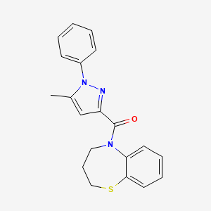 molecular formula C20H19N3OS B7651059 3,4-dihydro-2H-1,5-benzothiazepin-5-yl-(5-methyl-1-phenylpyrazol-3-yl)methanone 