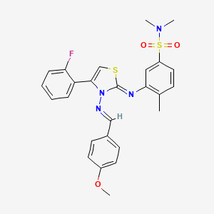 molecular formula C26H25FN4O3S2 B7651338 3-[[4-(2-fluorophenyl)-3-[(E)-(4-methoxyphenyl)methylideneamino]-1,3-thiazol-2-ylidene]amino]-N,N,4-trimethylbenzenesulfonamide 