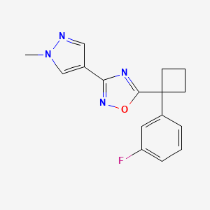 molecular formula C16H15FN4O B7652330 5-[1-(3-Fluorophenyl)cyclobutyl]-3-(1-methylpyrazol-4-yl)-1,2,4-oxadiazole 