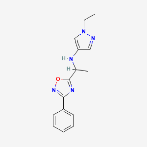 molecular formula C15H17N5O B7655300 1-ethyl-N-[1-(3-phenyl-1,2,4-oxadiazol-5-yl)ethyl]pyrazol-4-amine 