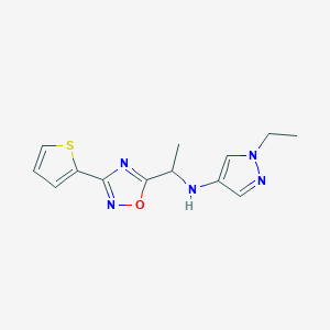 molecular formula C13H15N5OS B7655319 1-ethyl-N-[1-(3-thiophen-2-yl-1,2,4-oxadiazol-5-yl)ethyl]pyrazol-4-amine 