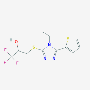 molecular formula C11H12F3N3OS2 B7655707 3-[(4-Ethyl-5-thiophen-2-yl-1,2,4-triazol-3-yl)sulfanyl]-1,1,1-trifluoropropan-2-ol 