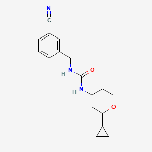 molecular formula C17H21N3O2 B7656553 1-[(3-Cyanophenyl)methyl]-3-(2-cyclopropyloxan-4-yl)urea 