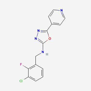 molecular formula C14H10ClFN4O B7656915 N-[(3-chloro-2-fluorophenyl)methyl]-5-pyridin-4-yl-1,3,4-oxadiazol-2-amine 