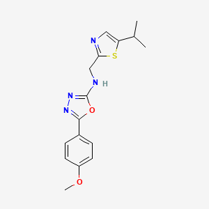 molecular formula C16H18N4O2S B7657589 5-(4-methoxyphenyl)-N-[(5-propan-2-yl-1,3-thiazol-2-yl)methyl]-1,3,4-oxadiazol-2-amine 