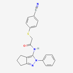 molecular formula C21H18N4OS B7658280 2-(4-cyanophenyl)sulfanyl-N-(2-phenyl-5,6-dihydro-4H-cyclopenta[c]pyrazol-3-yl)acetamide 