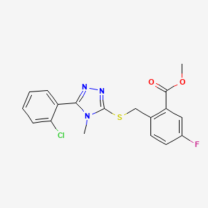 molecular formula C18H15ClFN3O2S B7658377 Methyl 2-[[5-(2-chlorophenyl)-4-methyl-1,2,4-triazol-3-yl]sulfanylmethyl]-5-fluorobenzoate 