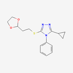 molecular formula C16H19N3O2S B7658549 3-Cyclopropyl-5-[2-(1,3-dioxolan-2-yl)ethylsulfanyl]-4-phenyl-1,2,4-triazole 