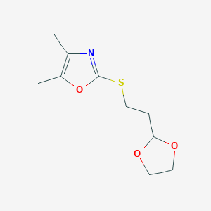 molecular formula C10H15NO3S B7658692 2-[2-(1,3-Dioxolan-2-yl)ethylsulfanyl]-4,5-dimethyl-1,3-oxazole 