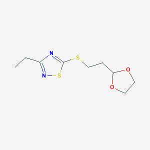 molecular formula C9H14N2O2S2 B7658980 5-[2-(1,3-Dioxolan-2-yl)ethylsulfanyl]-3-ethyl-1,2,4-thiadiazole 