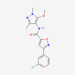 molecular formula C16H15ClN4O3 B7659175 3-(3-chlorophenyl)-N-(5-methoxy-1,3-dimethylpyrazol-4-yl)-1,2-oxazole-5-carboxamide 