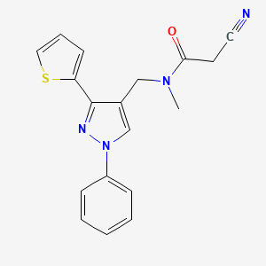 molecular formula C18H16N4OS B7660855 2-cyano-N-methyl-N-[(1-phenyl-3-thiophen-2-ylpyrazol-4-yl)methyl]acetamide 