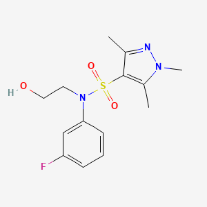 molecular formula C14H18FN3O3S B7664030 N-(3-fluorophenyl)-N-(2-hydroxyethyl)-1,3,5-trimethylpyrazole-4-sulfonamide 