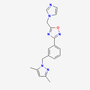 molecular formula C18H18N6O B7665593 3-[3-[(3,5-Dimethylpyrazol-1-yl)methyl]phenyl]-5-(imidazol-1-ylmethyl)-1,2,4-oxadiazole 