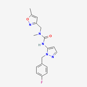 molecular formula C17H18FN5O2 B7665599 3-[2-[(4-Fluorophenyl)methyl]pyrazol-3-yl]-1-methyl-1-[(5-methyl-1,2-oxazol-3-yl)methyl]urea 