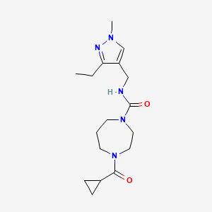 molecular formula C17H27N5O2 B7668334 4-(cyclopropanecarbonyl)-N-[(3-ethyl-1-methylpyrazol-4-yl)methyl]-1,4-diazepane-1-carboxamide 