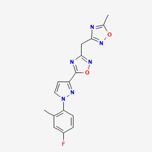 3-[[5-[1-(4-Fluoro-2-methylphenyl)pyrazol-3-yl]-1,2,4-oxadiazol-3-yl]methyl]-5-methyl-1,2,4-oxadiazole