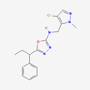 molecular formula C16H18ClN5O B7668990 N-[(4-chloro-2-methylpyrazol-3-yl)methyl]-5-(1-phenylpropyl)-1,3,4-oxadiazol-2-amine 