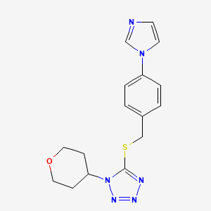 molecular formula C16H18N6OS B7669341 5-[(4-Imidazol-1-ylphenyl)methylsulfanyl]-1-(oxan-4-yl)tetrazole 