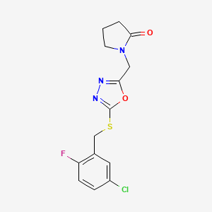 molecular formula C14H13ClFN3O2S B7672005 1-[[5-[(5-Chloro-2-fluorophenyl)methylsulfanyl]-1,3,4-oxadiazol-2-yl]methyl]pyrrolidin-2-one 