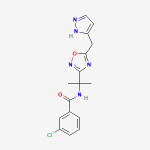 molecular formula C16H16ClN5O2 B7677088 3-chloro-N-[2-[5-(1H-pyrazol-5-ylmethyl)-1,2,4-oxadiazol-3-yl]propan-2-yl]benzamide 