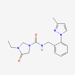 3-ethyl-N-[[2-(3-methylpyrazol-1-yl)phenyl]methyl]-4-oxoimidazolidine-1-carboxamide