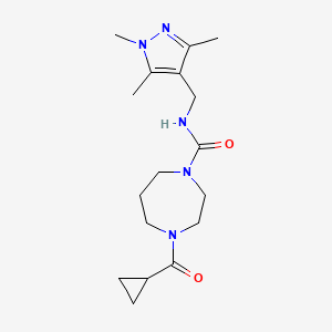 molecular formula C17H27N5O2 B7678258 4-(cyclopropanecarbonyl)-N-[(1,3,5-trimethylpyrazol-4-yl)methyl]-1,4-diazepane-1-carboxamide 