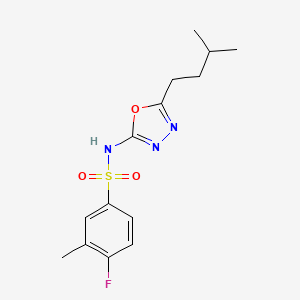 molecular formula C14H18FN3O3S B7679796 4-fluoro-3-methyl-N-[5-(3-methylbutyl)-1,3,4-oxadiazol-2-yl]benzenesulfonamide 
