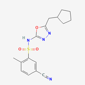 molecular formula C16H18N4O3S B7679920 5-cyano-N-[5-(cyclopentylmethyl)-1,3,4-oxadiazol-2-yl]-2-methylbenzenesulfonamide 