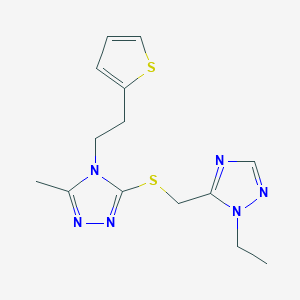 molecular formula C14H18N6S2 B7680091 3-[(2-Ethyl-1,2,4-triazol-3-yl)methylsulfanyl]-5-methyl-4-(2-thiophen-2-ylethyl)-1,2,4-triazole 