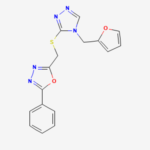 molecular formula C16H13N5O2S B7680379 2-[[4-(Furan-2-ylmethyl)-1,2,4-triazol-3-yl]sulfanylmethyl]-5-phenyl-1,3,4-oxadiazole 