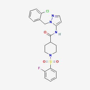molecular formula C22H22ClFN4O3S B7680560 N-[2-[(2-chlorophenyl)methyl]pyrazol-3-yl]-1-(2-fluorophenyl)sulfonylpiperidine-4-carboxamide 