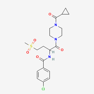 molecular formula C20H26ClN3O5S B7680729 4-chloro-N-[1-[4-(cyclopropanecarbonyl)piperazin-1-yl]-4-methylsulfonyl-1-oxobutan-2-yl]benzamide 