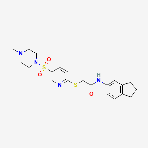 molecular formula C22H28N4O3S2 B7681031 N-(2,3-dihydro-1H-inden-5-yl)-2-[5-(4-methylpiperazin-1-yl)sulfonylpyridin-2-yl]sulfanylpropanamide 