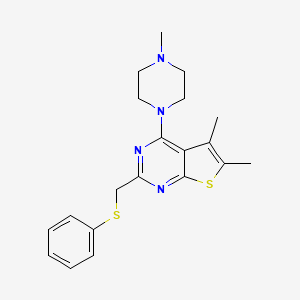 molecular formula C20H24N4S2 B7681314 5,6-Dimethyl-4-(4-methylpiperazin-1-yl)-2-(phenylsulfanylmethyl)thieno[2,3-d]pyrimidine 