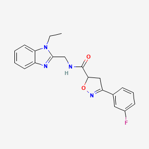 molecular formula C20H19FN4O2 B7681484 N-[(1-ethylbenzimidazol-2-yl)methyl]-3-(3-fluorophenyl)-4,5-dihydro-1,2-oxazole-5-carboxamide 