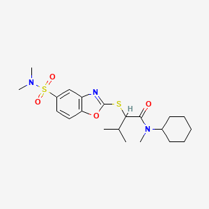 molecular formula C21H31N3O4S2 B7681661 N-cyclohexyl-2-[[5-(dimethylsulfamoyl)-1,3-benzoxazol-2-yl]sulfanyl]-N,3-dimethylbutanamide 
