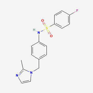 molecular formula C17H16FN3O2S B7681793 4-fluoro-N-[4-[(2-methylimidazol-1-yl)methyl]phenyl]benzenesulfonamide 