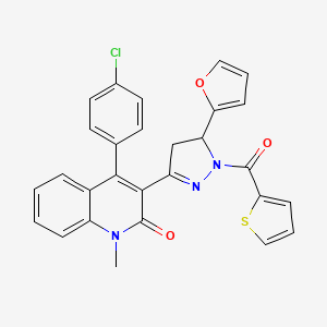 molecular formula C28H20ClN3O3S B7682192 4-(4-Chlorophenyl)-3-[3-(furan-2-yl)-2-(thiophene-2-carbonyl)-3,4-dihydropyrazol-5-yl]-1-methylquinolin-2-one 