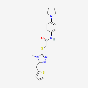 molecular formula C20H23N5OS2 B7682570 2-[[4-methyl-5-(thiophen-2-ylmethyl)-1,2,4-triazol-3-yl]sulfanyl]-N-(4-pyrrolidin-1-ylphenyl)acetamide 