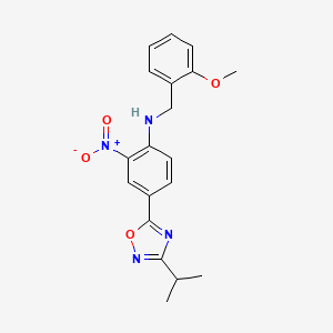 molecular formula C19H20N4O4 B7684750 N-[(2-Methoxyphenyl)methyl]-2-nitro-4-[3-(propan-2-YL)-1,2,4-oxadiazol-5-YL]aniline 