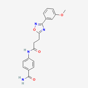 molecular formula C19H18N4O4 B7684768 4-(3-(3-(3-methoxyphenyl)-1,2,4-oxadiazol-5-yl)propanamido)benzamide 