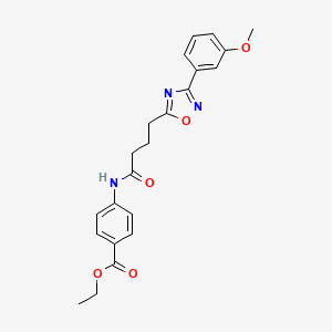 molecular formula C22H23N3O5 B7685701 ethyl 4-(4-(3-(3-methoxyphenyl)-1,2,4-oxadiazol-5-yl)butanamido)benzoate 
