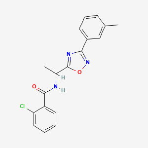 molecular formula C18H16ClN3O2 B7686470 2-chloro-N-(1-(3-(m-tolyl)-1,2,4-oxadiazol-5-yl)ethyl)benzamide 