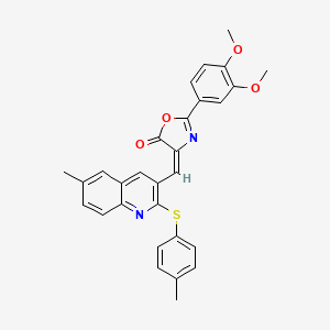 molecular formula C29H24N2O4S B7687066 (E)-2-(3,4-dimethoxyphenyl)-4-((6-methyl-2-(p-tolylthio)quinolin-3-yl)methylene)oxazol-5(4H)-one 