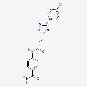 molecular formula C18H15ClN4O3 B7687122 4-(3-(3-(4-chlorophenyl)-1,2,4-oxadiazol-5-yl)propanamido)benzamide 